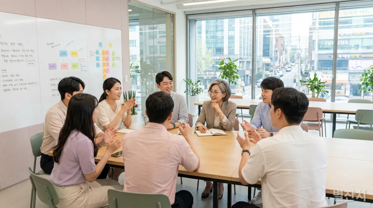 서울 강남의 코워킹 스페이스에서 멘토와 멘티들이 활발하게 토론하는 모습