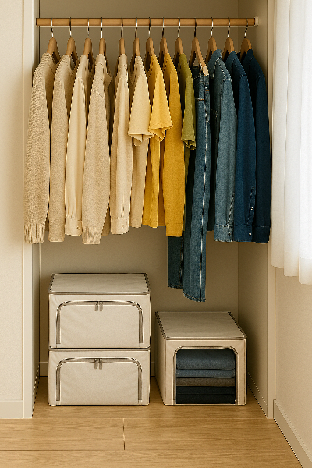 옷 정리 전후 비교, 왼쪽은 어지럽고 오른쪽은 카테고리별로 정리된 옷장