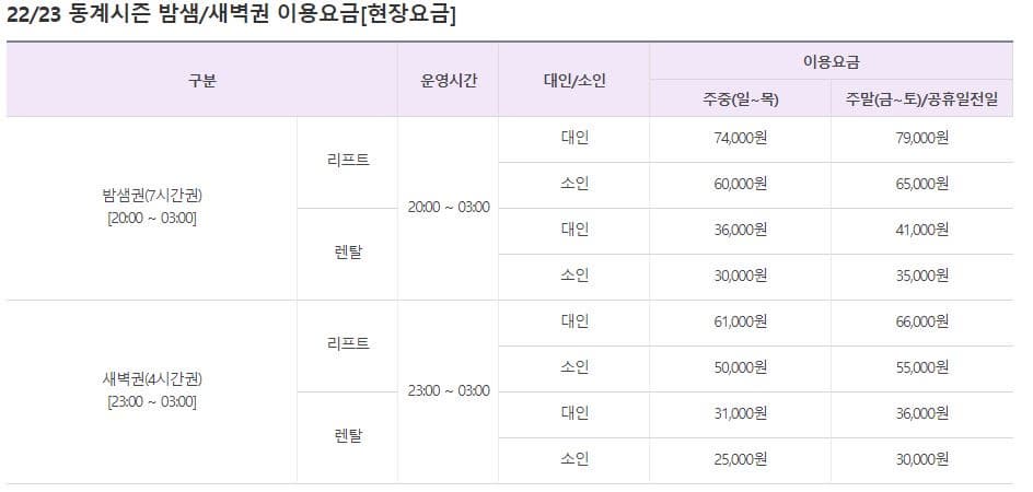 홍천 비발디파크 스키장 밤샘 / 새벽권 이용요금