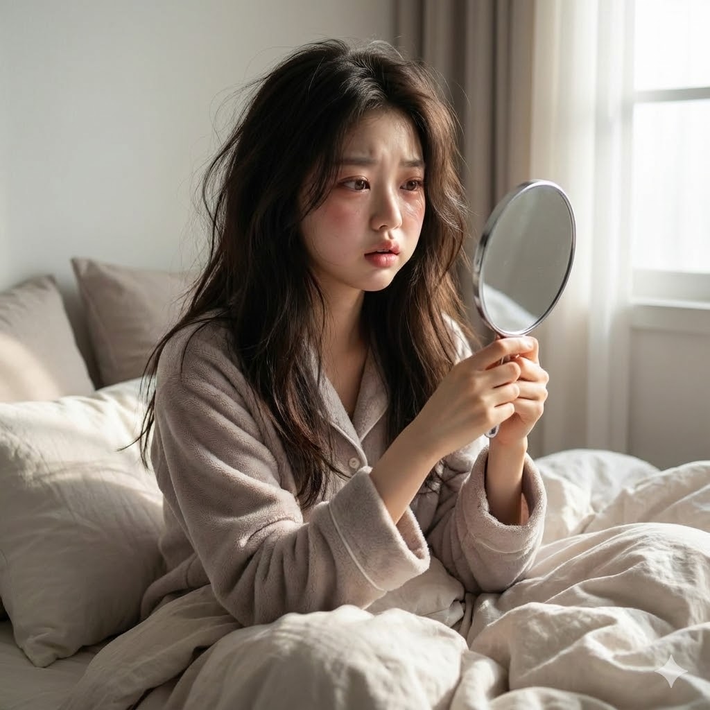 아침에 부은 얼굴을 확인하는 여성 사진