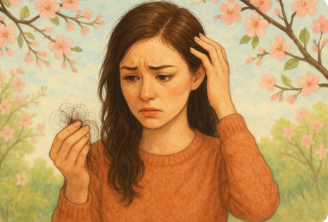 봄철 배경 속에서 손에 빠진 머리카락을 들고 탈모로 고민하는 여성의 모습