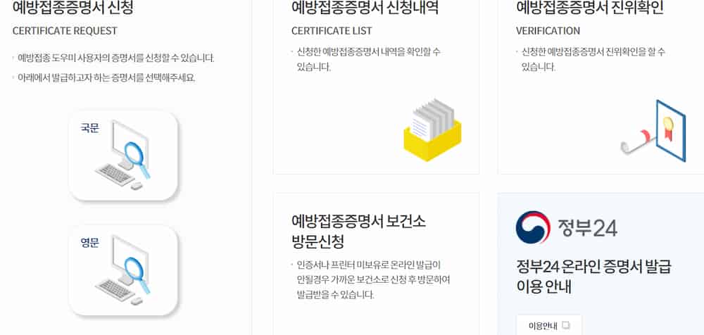 질병관리청 예방접종도우미 사이트의 예방접종증명서 신청 화면. 국문 및 영문 증명서 선택, 신청이력 조회, 진위확인, 보건소 방문 신청, 정부24 온라인 발급 이용 안내가 표시됨