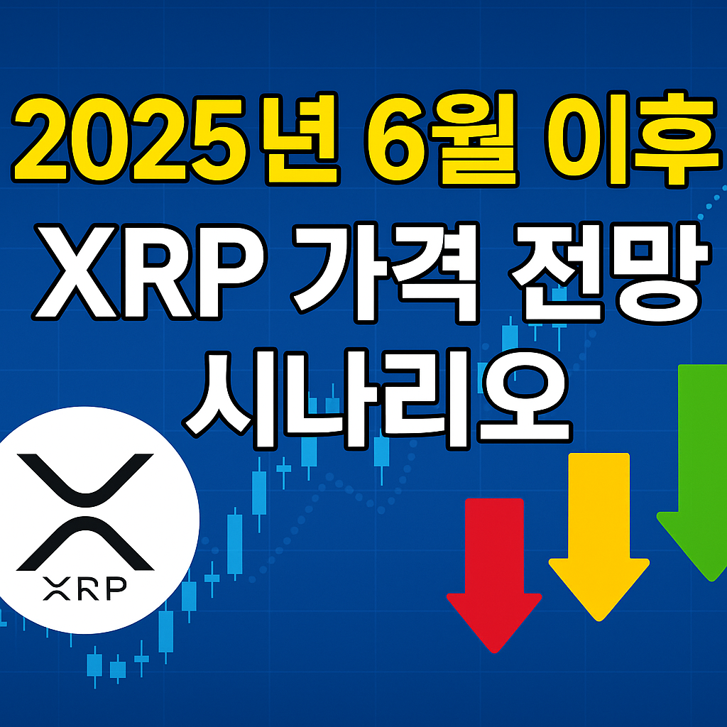'2025년 6월 이후 XRP 가격 전망 시나리오'라는 문구와 함께 XRP 로고, 상승&middot;하락&middot;횡보 방향을 나타내는 화살표, 파란색 금융 차트 배경이 포함된 대표 이미지.