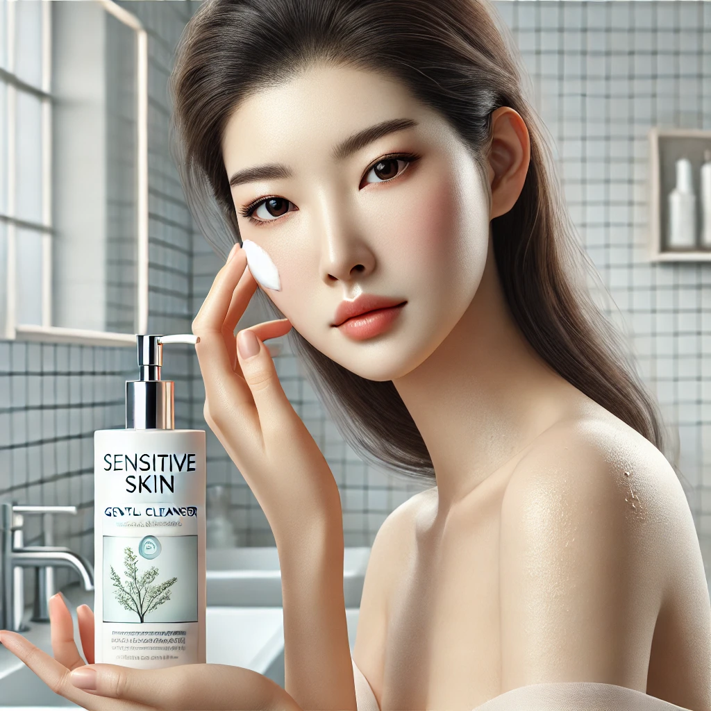매끄러운 피부와 섬세한 특징을 가진 고요하고 빛나는 아시아 여성, 현대적인 욕실 환경에서 스킨케어 제품 적용, 민감한 피부 순한 클렌저 제품 광고, 상세한 인물 사진, 사실적인 렌더링