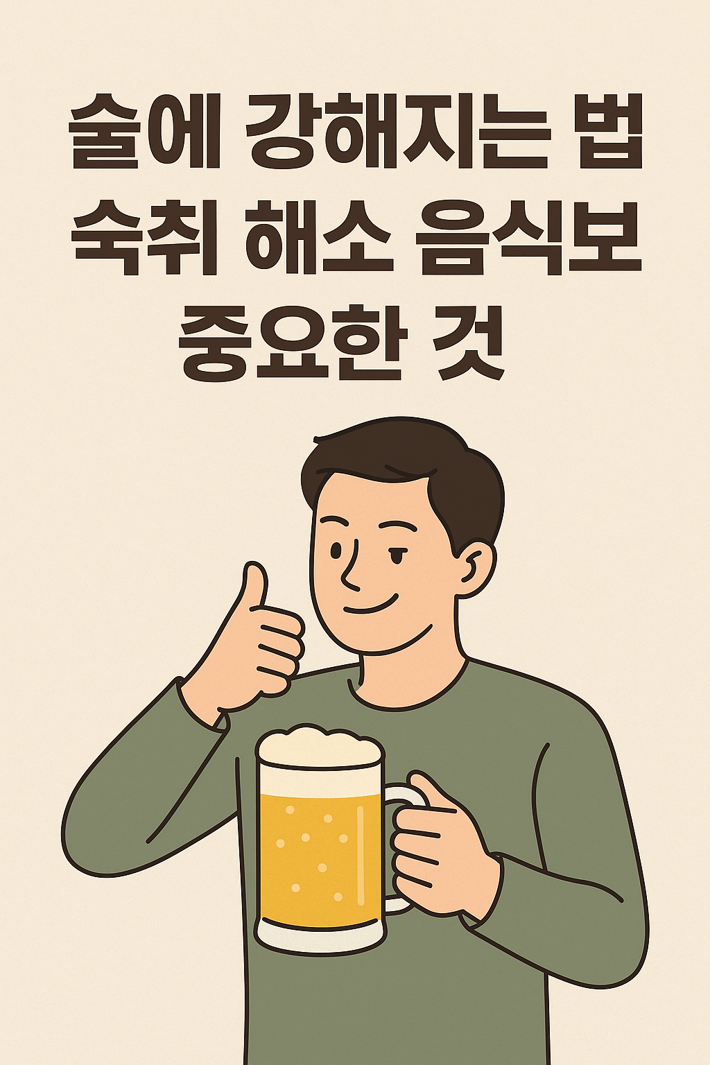 맥주잔을 들고 엄지척을 하는 남성이 있는 '술에 강해지는 법, 숙취 해소 음식보다 중요한 것'이라는 문구의 일러스트 썸네일