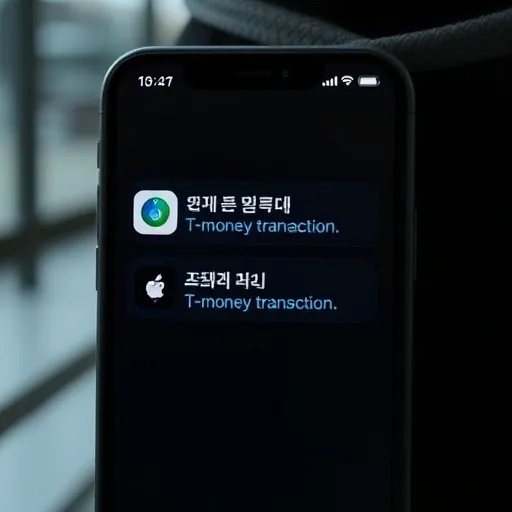 아이폰의 알림 센터가 열려 있고, 최근 티머니 사용 내역(예: