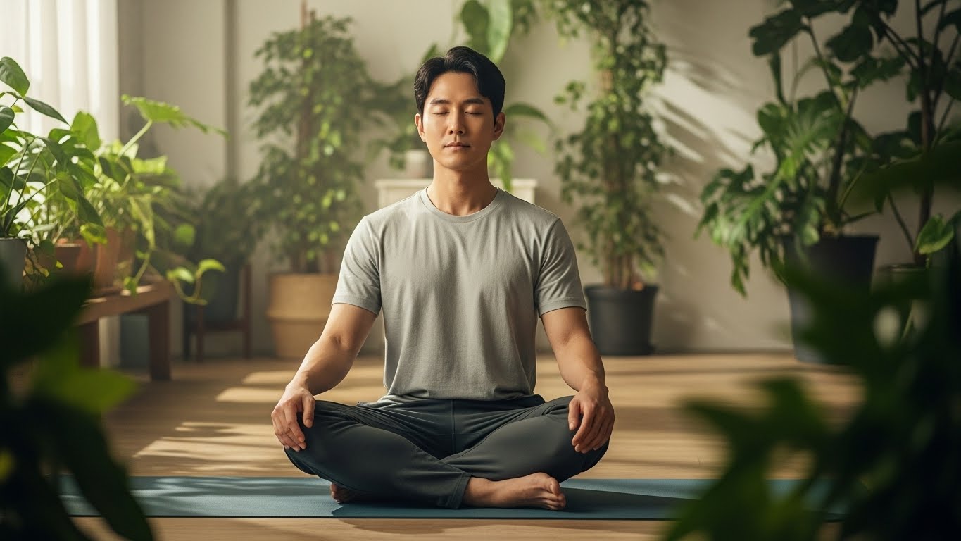 명상을 통해 뇌의 하드웨어를 재설정하고 평온함을 되찾는 한국인 남성의 모습