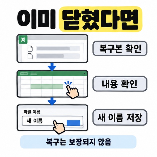 복구본 확인, 내용 확인, 새 이름 저장 화면을 파란 화살표로 연결하고 복구는 보장되지 않음이라고 안내한 그림
