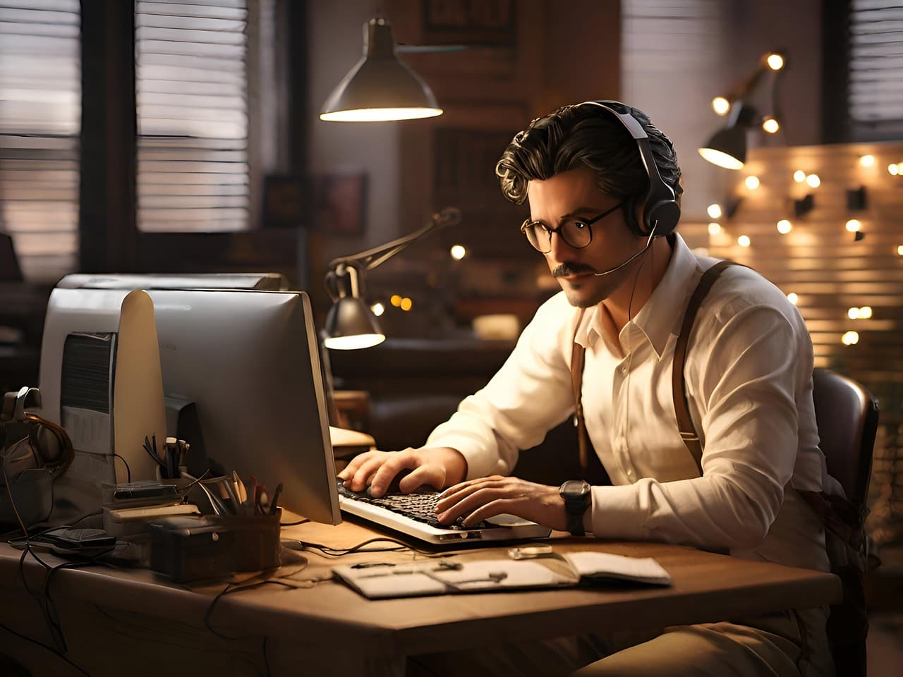 따뜻한 조명 아래 헤드셋을 쓴 남성이 컴퓨터로 작업하는 장면으로, DALL·E·Firefly·Nano Banana 이미지 생성 성능 비교를 상징.