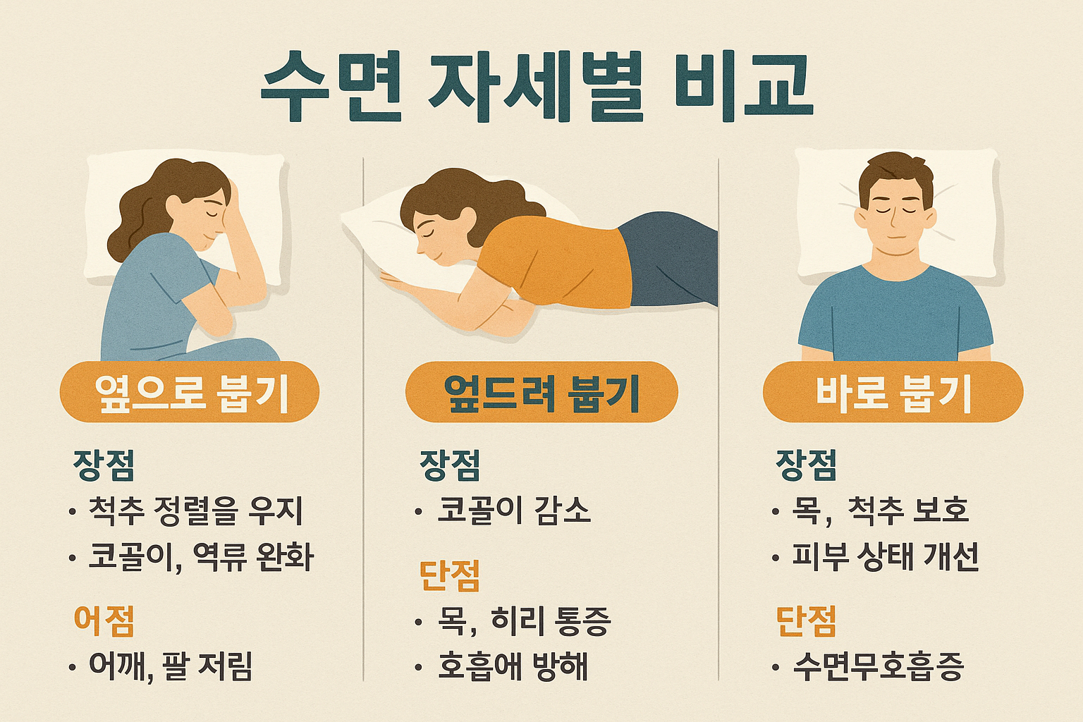 수면 자세별 장단점: 옆으로, 엎드려, 바로 누워
