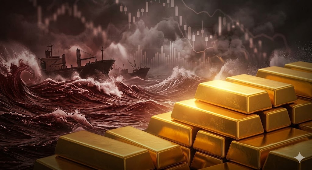 Global economic turmoil with gold bars glowing. Shipping vessels struggle in turbulent water, symbolizing crisis.