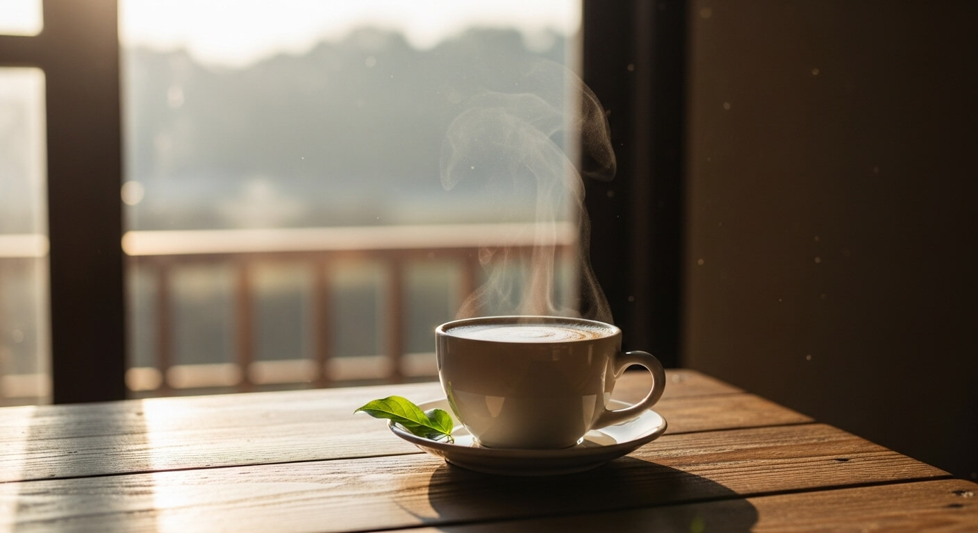 따뜻한 햇살이 들어오는 창가 테이블 위에 놓인 김이 나는 커피 한 잔