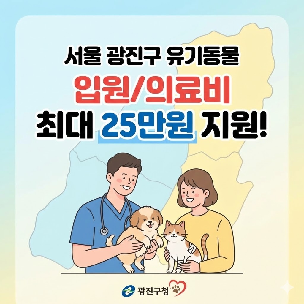 2026년 서울특별시 광진구 유기동물 입양 시 지원되는 최대 25만 원 의료비 혜택, 신청 기한(입양 후 6개월), 구비 서류 및 광진구청 신청 절차를 요약한 정보성 인포그래픽 이미지