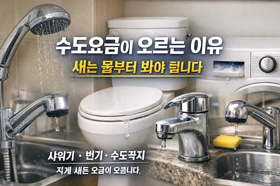 샤워기와 변기, 수도꼭지와 세탁기, 싱크대에서 물 사용과 누수가 겹치며 수도요금이 올라가는 구조를 설명하는 이미지
