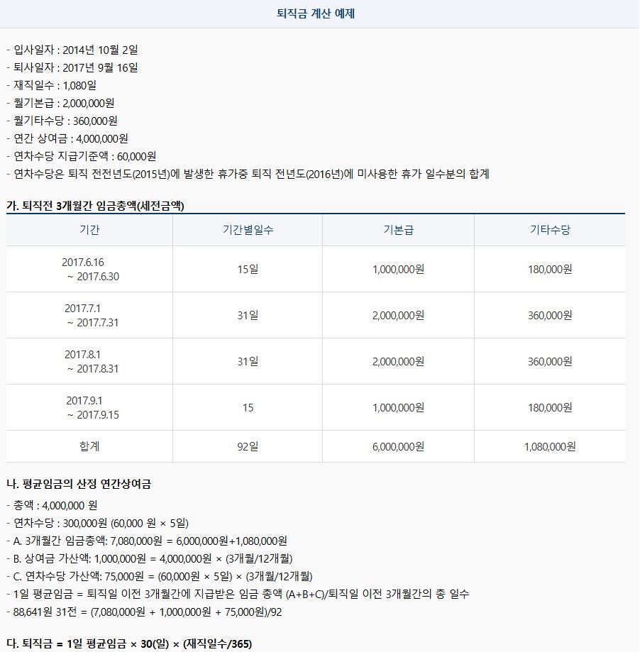 퇴직금 계산 예시