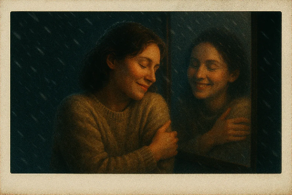 감정적으로 따뜻한 표정으로 거울 앞에서 자신을 포옹하는 여성의 모습, 자기 연민과 자기 수용을 상징