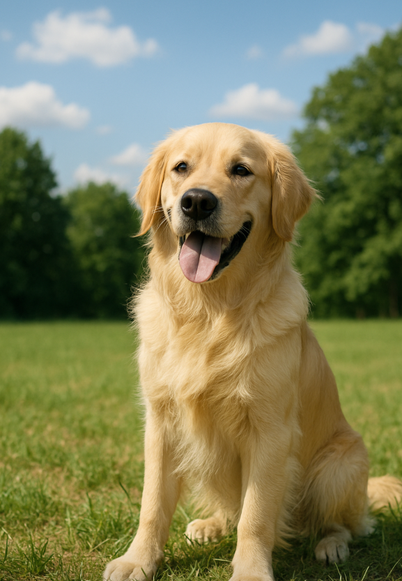 낮에 들판에 앉은 강아지 모습