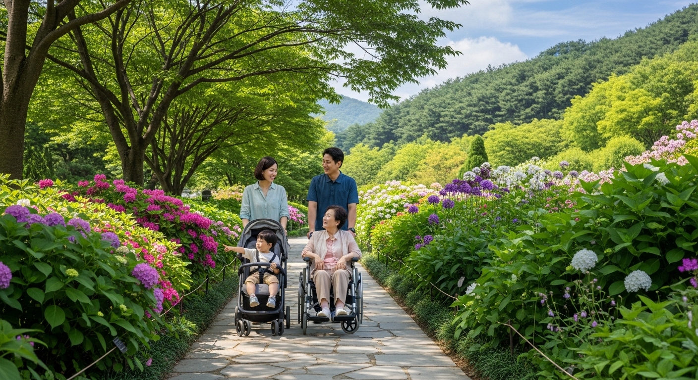 유모차와 휠체어를 탄 가족이 화담숲 무장애 코스에서 웃으며 숲 나들이를 즐기는 모습. 휠체어와 유모차도 쉽게 다닐 수 있는 평탄하고 넓은 숲길이 강조된 장면.