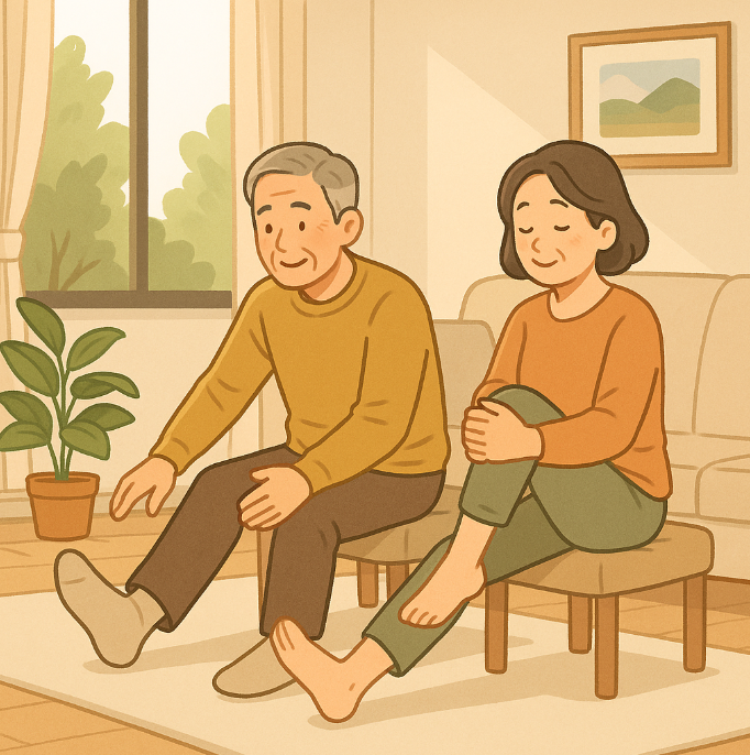 50대 부부가 집에서 무릎 관절 운동하는 모습