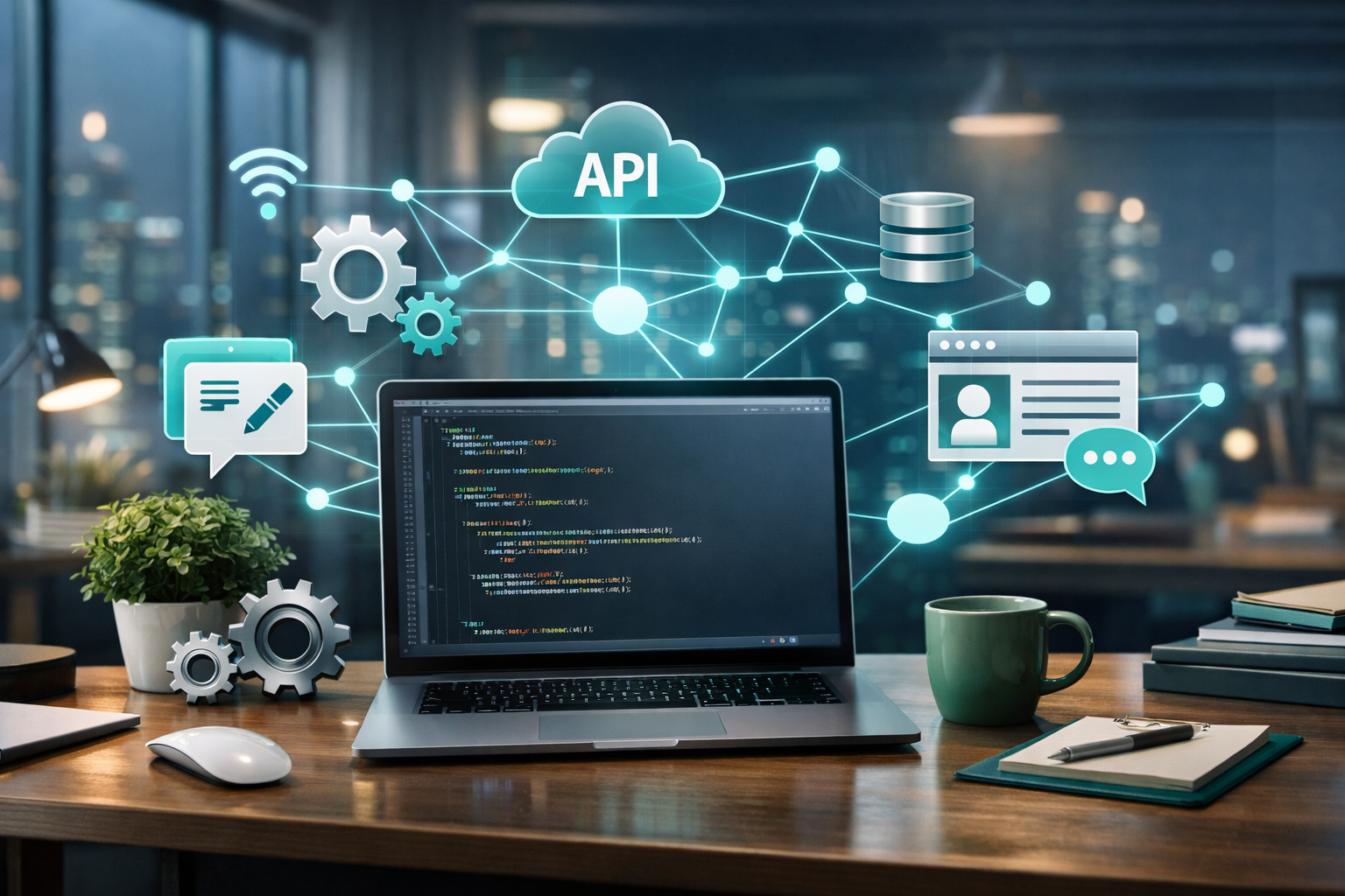 야간 도시 배경의 현대적 책상 위 노트북 화면에 코드가 표시되고, 주변에 클라우드·기어·데이터베이스 아이콘이 연결된 네트워크 그래픽으로 워드프레스 자동 포스팅 API 자동화를 상징하는 썸네일 이미지