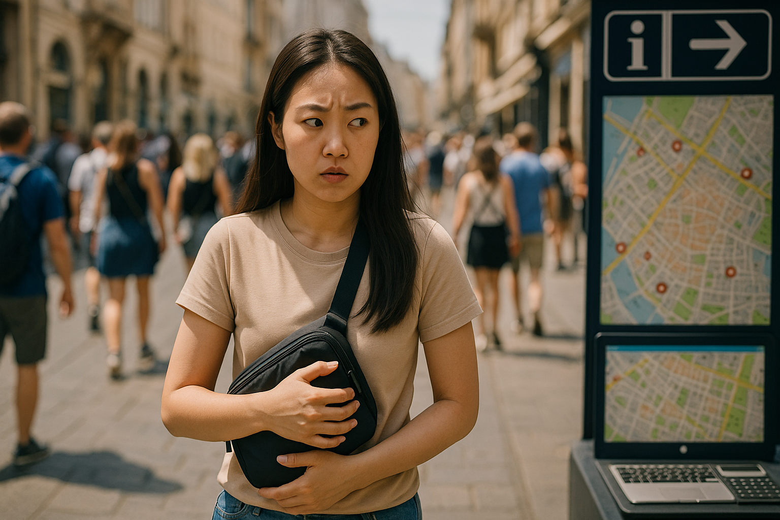 소매치기를 경계하는 여행객