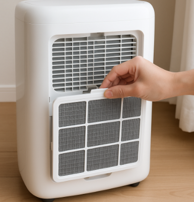 제습기 필터를 손으로 조심스럽게 분리하는 장면