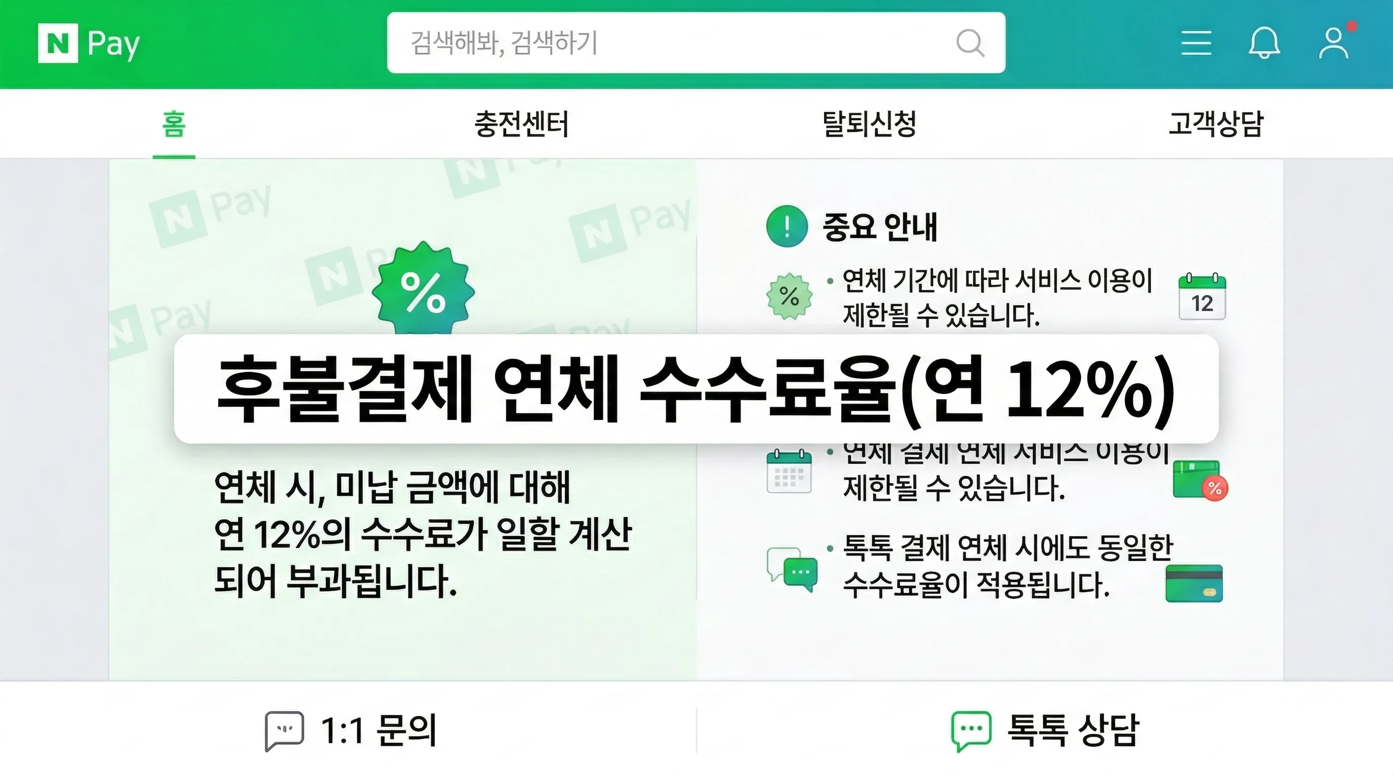 네이버페이 후불결제 미납 시 부과되는 연 12% 연체 수수료 안내 팩트 이미지