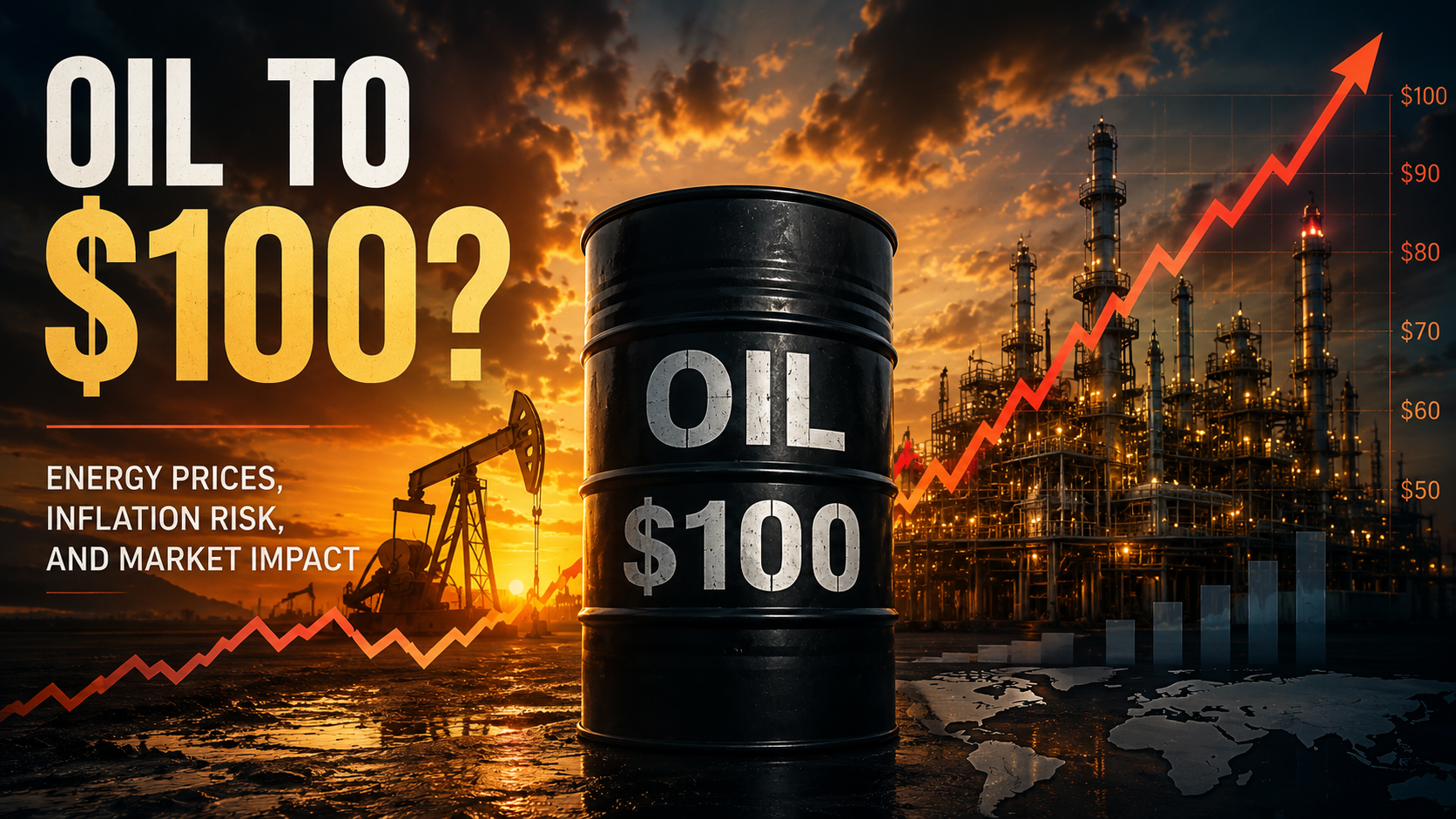 Oil barrel labeled $100 with refinery, pumpjacks and upward price chart symbolizing rising oil prices and global energy market uncertainty.