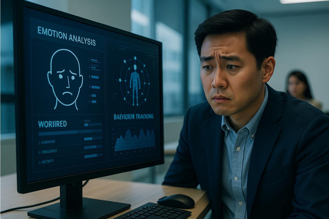 감정&middot;행동 분석 화면을 걱정하는 직원.