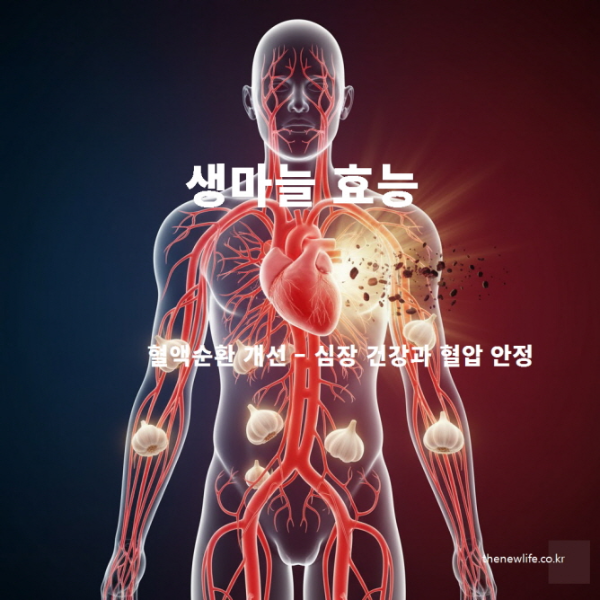 생마늘 효능을 상징적으로 표현한 이미지로, 생마늘 성분이 혈액순환을 개선하고 심장 건강과 혈압 안정을 돕는 모습을 시각적으로 나타낸 그림
