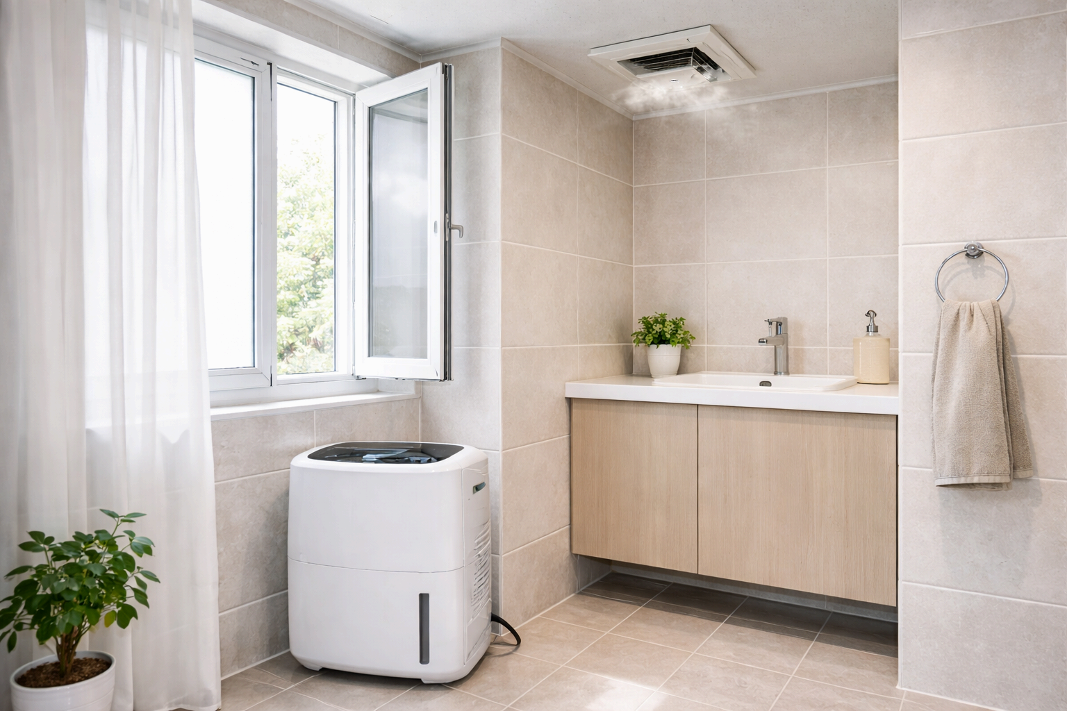 욕실 환풍기와 제습기로 습기를 제거해 곰팡이 재발을 방지하는 모습