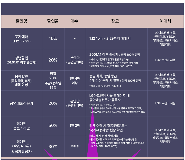 마곡엘지아트센터 공연할인 정보. 공연에 따라 다르기에 꾸준한 모니터링이 필요하다. 