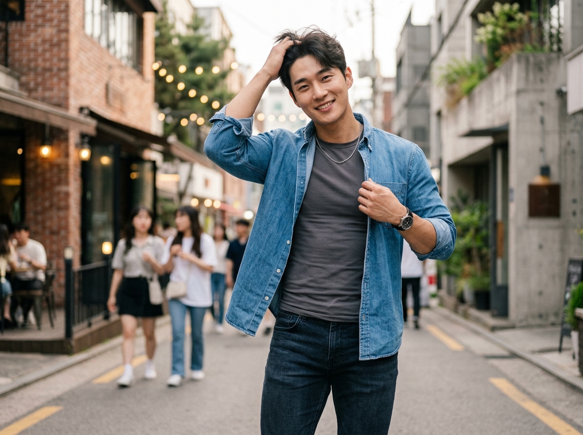 남자 모델이 데님 셔츠와 머슬핏 티셔츠를 레이어드하는 모습
내용: 남친룩 핵심은 레이어드! 얇은 셔츠 안에 머슬핏 티셔츠만 받쳐 입어도 분위기 완전 달라져요.