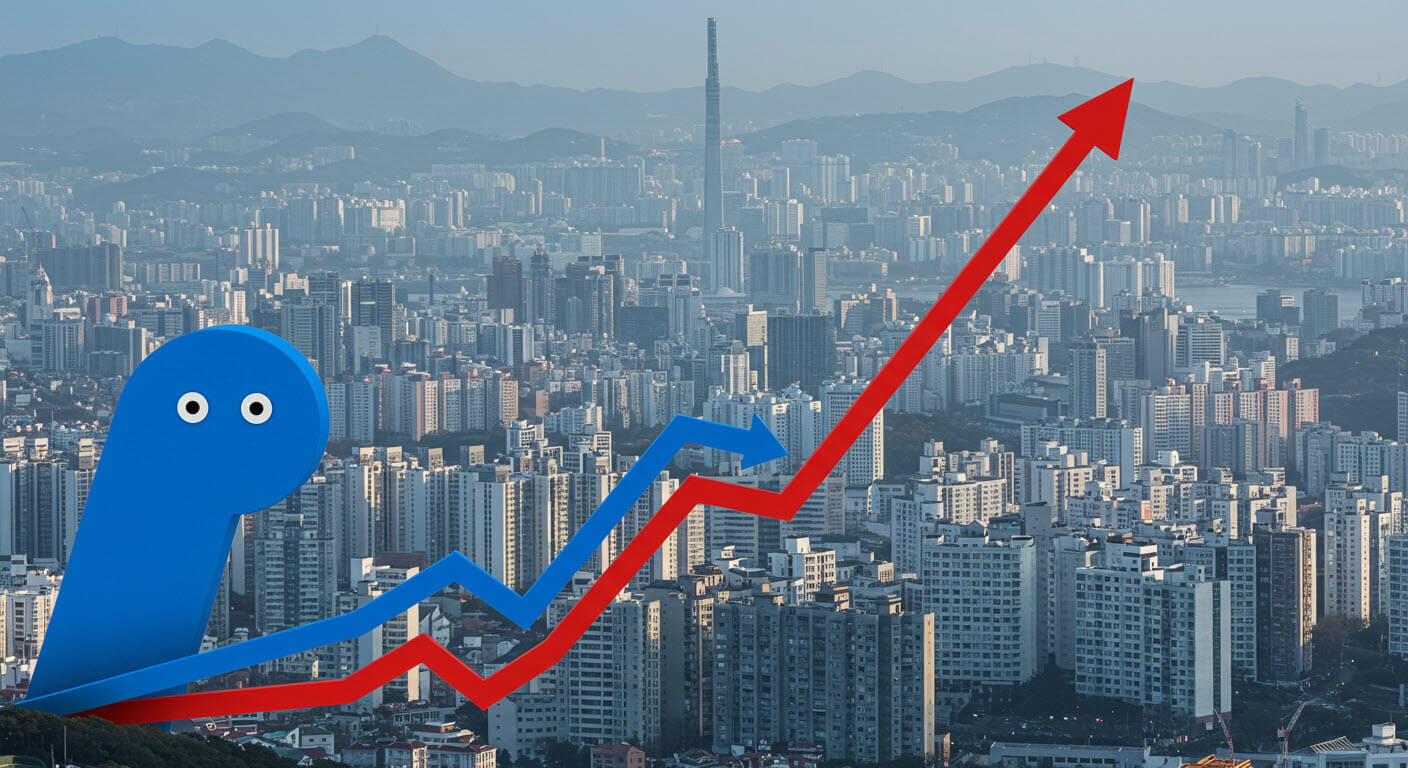 많은 아파트를 뒤로하고 파란 빨간 화살표가 올라가고 있다