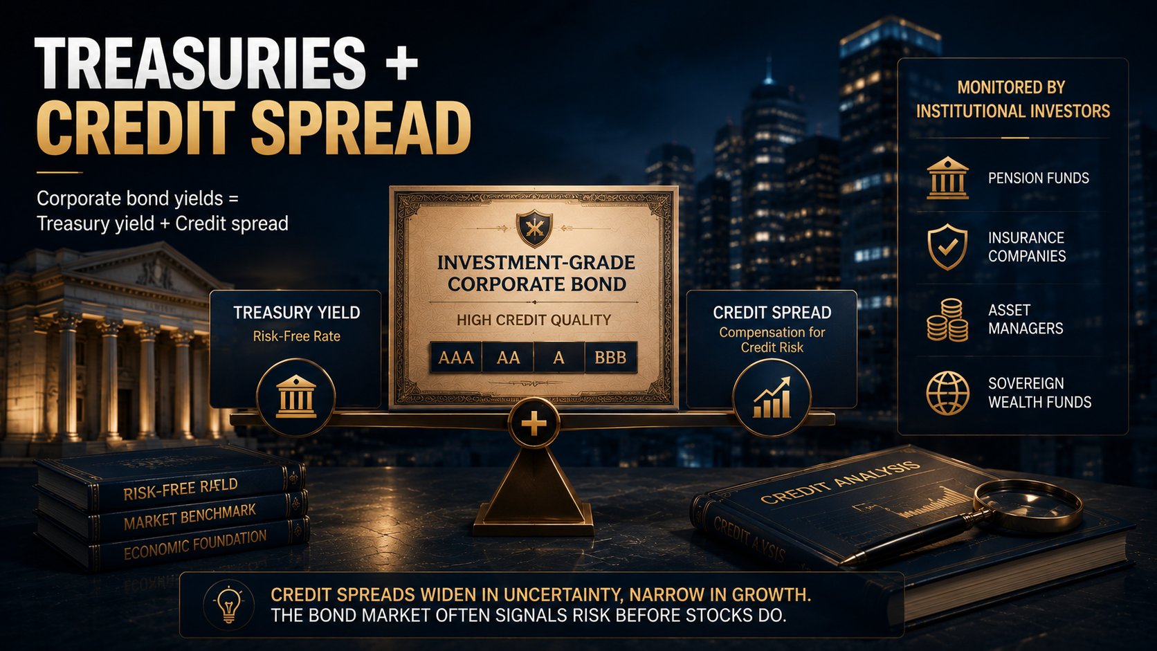 Financial infographic illustrating Treasury yields, credit spreads, and investment-grade bond pricing with institutional market analysis.