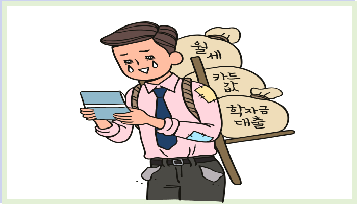 생활비 고지서를 들고 울상을 짓고 있는 남성이 월세, 카드값, 학자금대출이라는 무거운 짐을 짊어진 모습에서 장기 연체자의 경제적 부담이 그대로 드러나고 있음