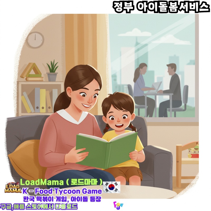 깨끗하고 안전한 거실에서 행복한 아이에게 책을 읽어주는 친절한 보호자를 묘사한 그림
