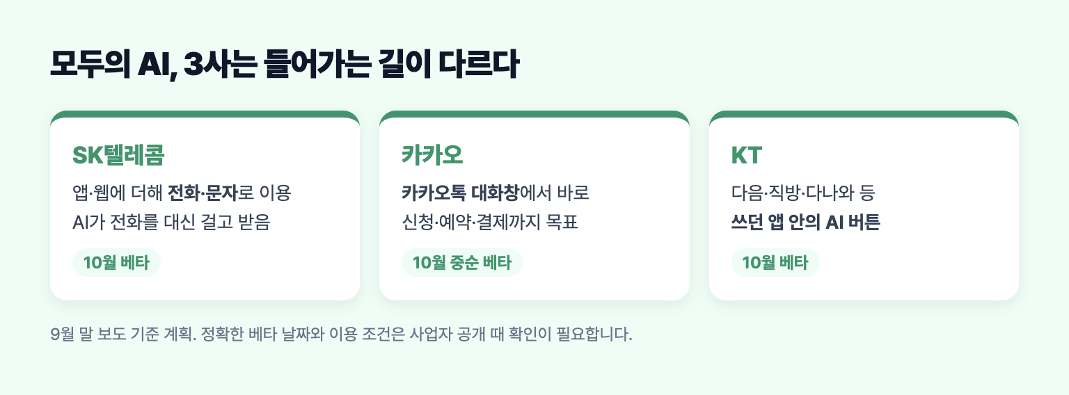 SK텔레콤, 카카오, KT 모두의 AI의 이용 경로와 특징을 비교한 도식