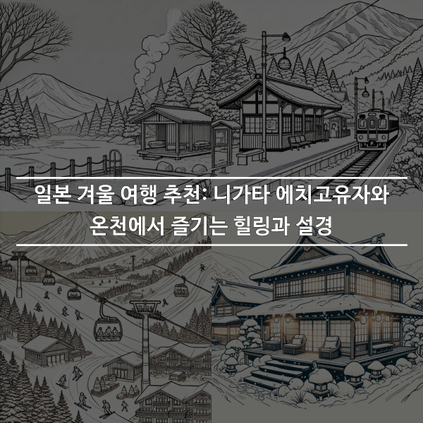 일본 겨울 온천 마을의 매력을 담은 콜라주, 눈 덮인 온천, 전통 료칸, 스키 리조트, 그리고 겨울 풍경을 선사하는 일본의 전통적인 분위기