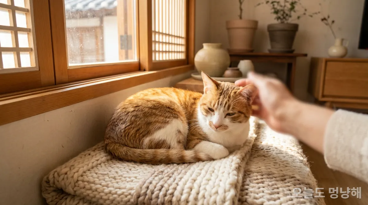 조용하고 햇살 가득한 공간에서 편안하게 쉬고 있는 한국 고양이