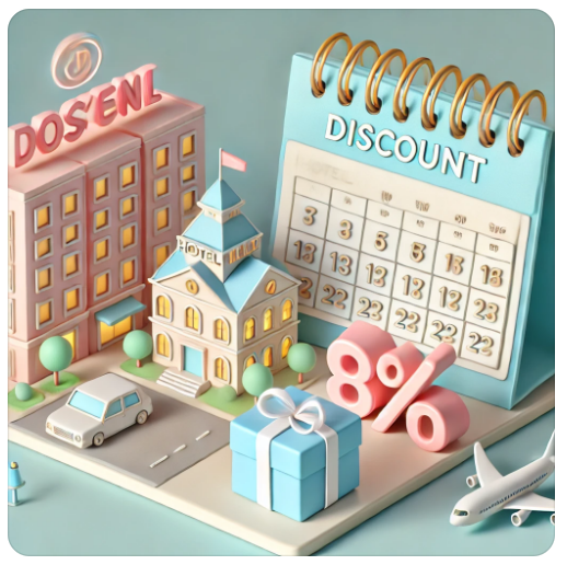 호텔 할인과 예약 일정을 나타내는 3D 이미지. 호텔 건물과 달력에 할인 정보를 표시한 여행 계획 이미지.