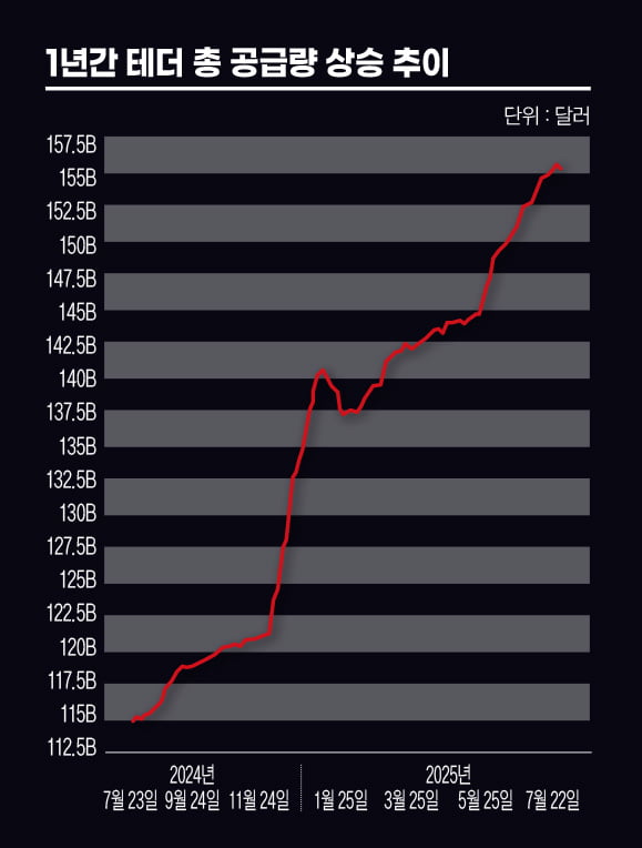 1년간 테더 총 공급량 상승 추이