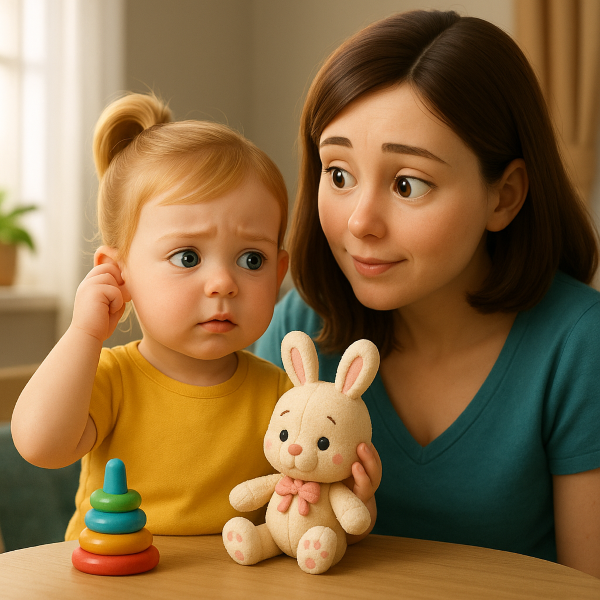 귀를 만지며 불편해하는 표정의 여자 아이와 걱정스럽게 바라보는 엄마. 유아 중이염 증상을 시각적으로 표현한 일러스트.