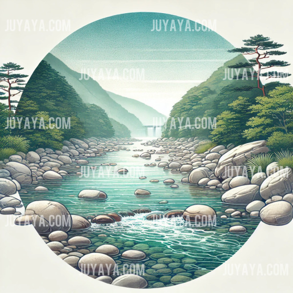 맑은 물이 흐르는 계곡&amp;#44; 주변의 초목과 바위들이 어우러진 평화로운 자연 풍경