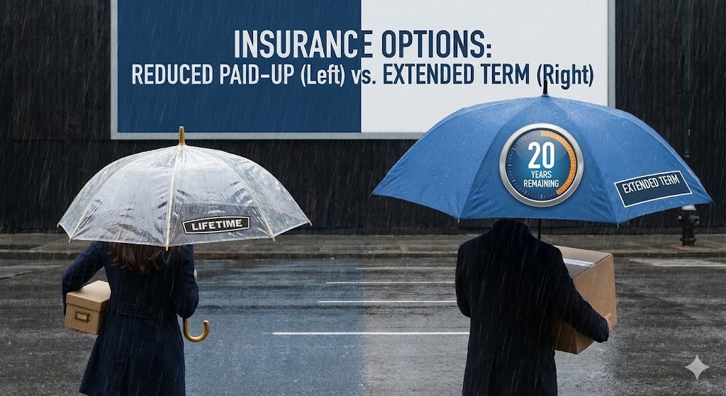 '감액 완납' vs '연장 정기' 비교 인포그래픽. 감액 완납은 우산이 작아지지만 비가 그칠 때까지 쓰고, 연장 정기는 우산은 크지만 20분만 쓸 수 있다는 비유 그림