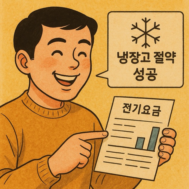 전기요금 고지서를 보며 &lsquo;냉장고 절약 성공&rsquo;이라 쓰인 냉기 아이콘을 가리키는 1인가구