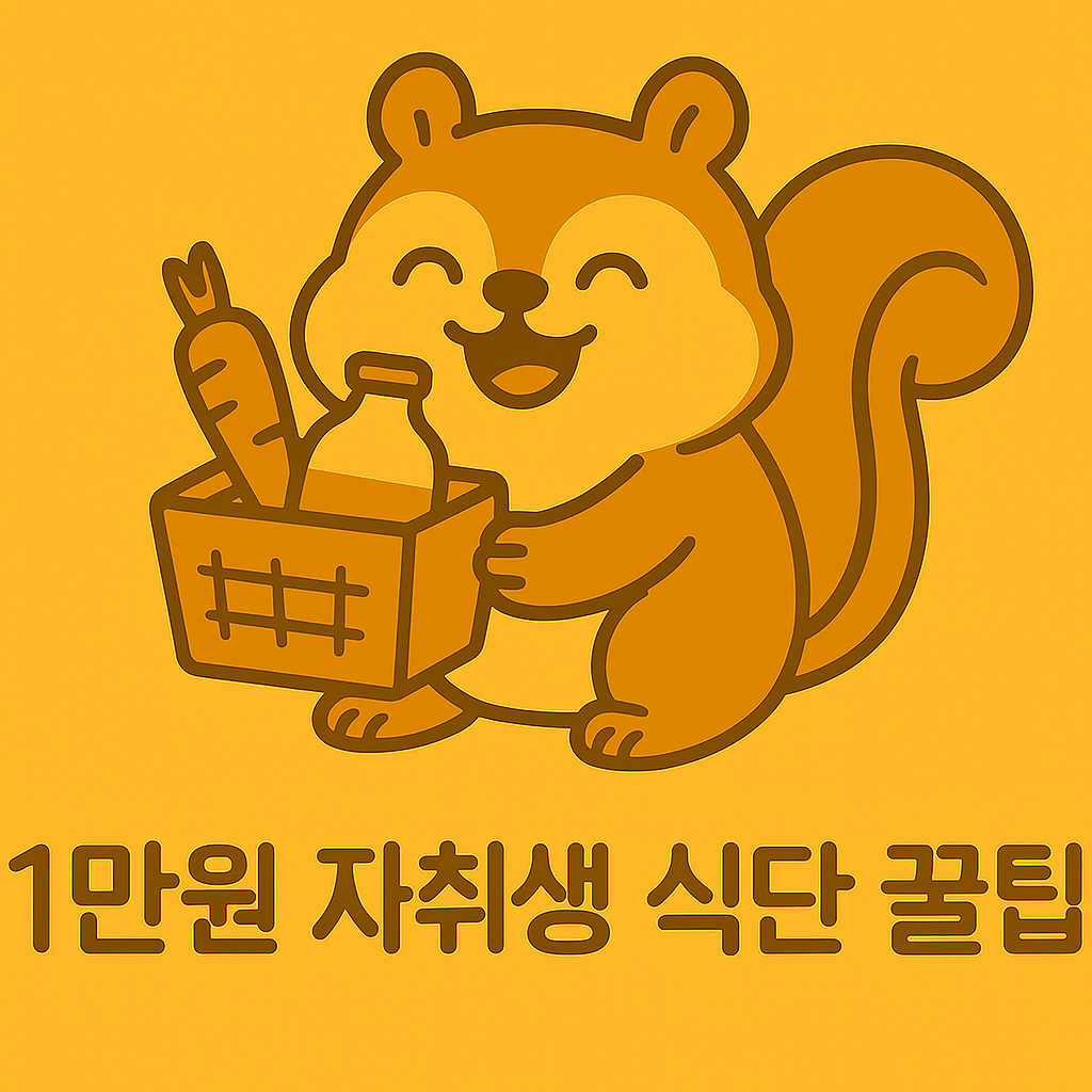 "장바구니를 들고 알뜰하게 장보는 다람쥐 캐릭터, 1만원 자취생 식단 꿀팁을 상징함"