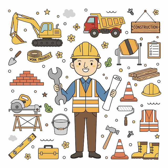 안전모를 쓴 건설 기술자와 굴착기, 설계도, 각종 공구들이 배치된 일러스트. 야구장의 기하학적 설계와 관중 친화적인 구장 건축 공학을 아기자기하게 표현함.