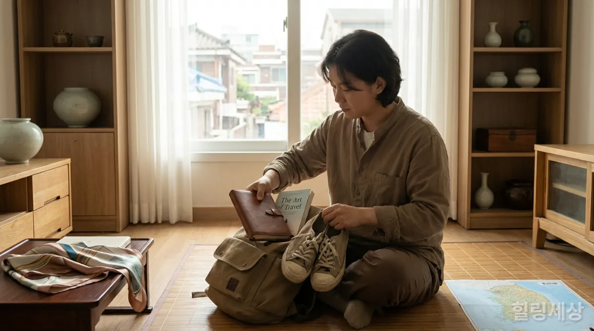 힐링 여행을 위해 미니멀하게 짐을 꾸리는 사람의 모습
