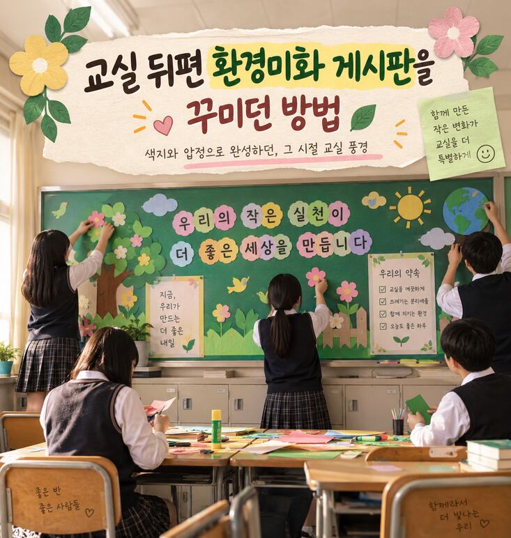 교실 뒤편 환경미화 게시판을 여러 학생이 함께 꾸미는 모습